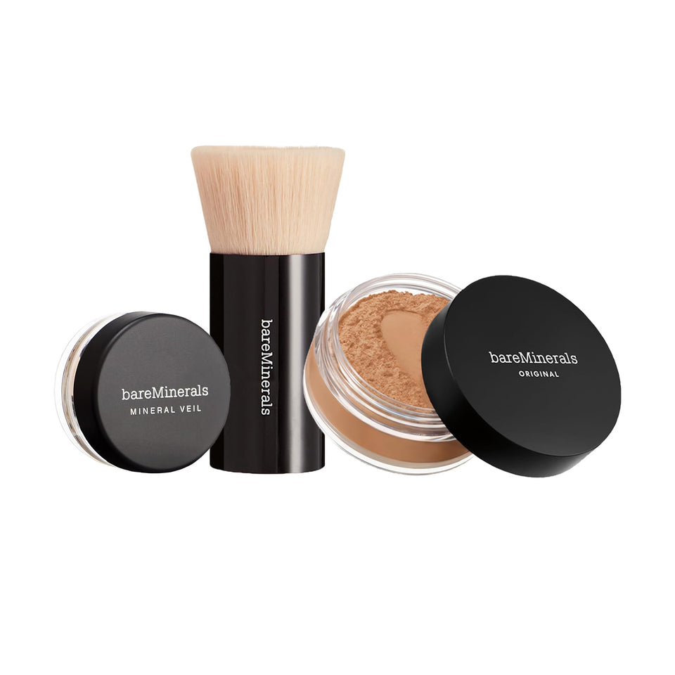 bareMinerals front packaging of the 3-piece kit, shows contents and benefits