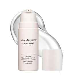 bareMinerals front packaging of Prime Time primer showing jar and label, promotes long-wear makeup