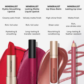 bareMinerals tube beside ingredient text, showing cold-pressed fruit oils and vegan formula