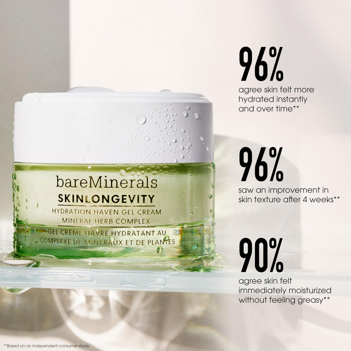 bareMinerals gel applied on hand demonstrating fast absorption and non-greasy finish benefit