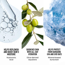 bareMinerals ingredients label close-up highlighting squalane and hyaluronic acid benefits
