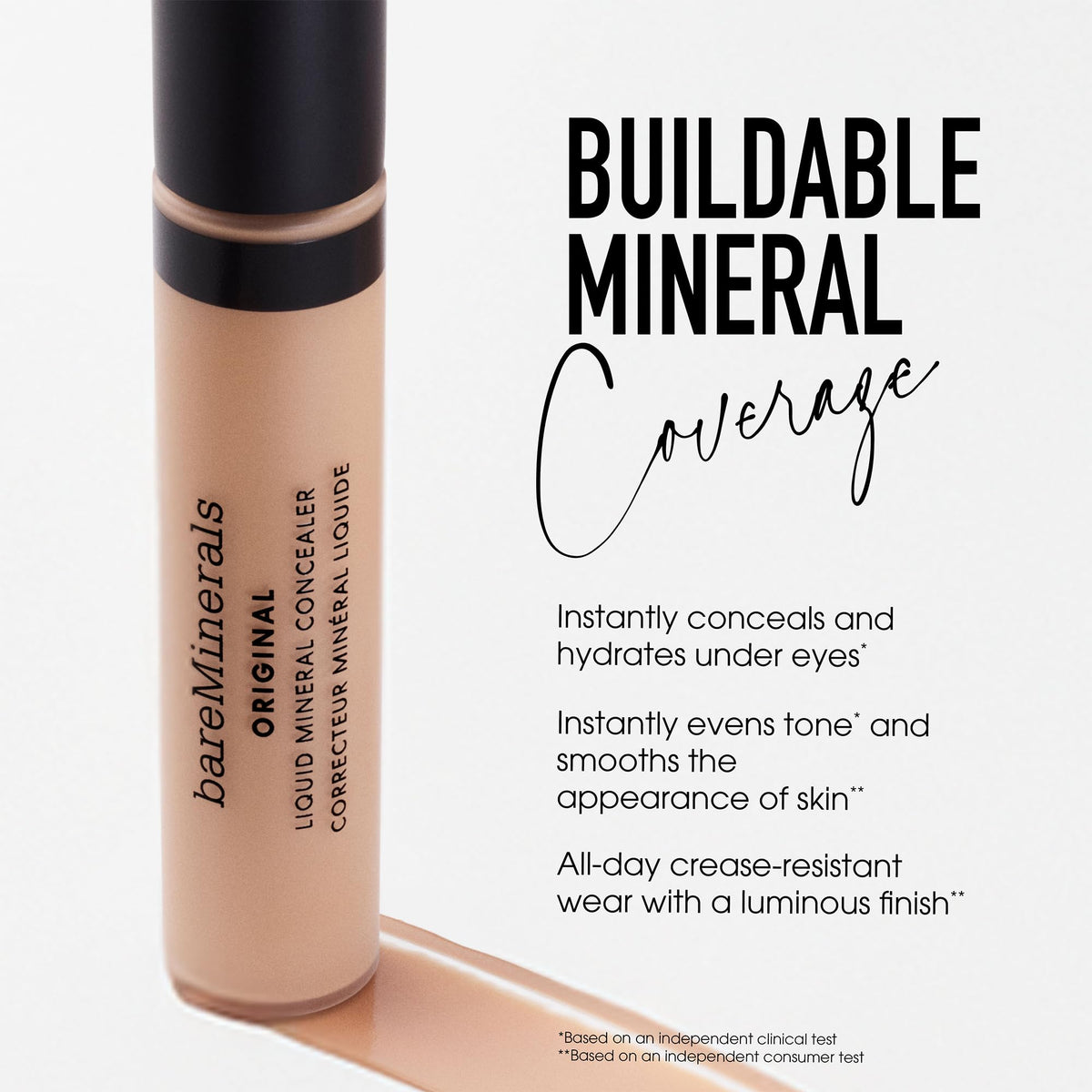 bareMinerals open tube with wand illustrating creamy, buildable formula