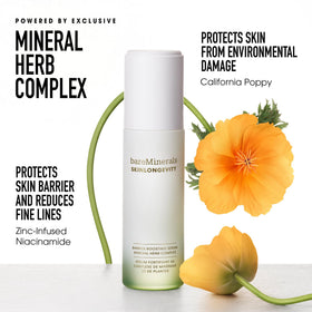 bareMinerals bottle placed on bathroom shelf showing elegant packaging and shelf-ready size