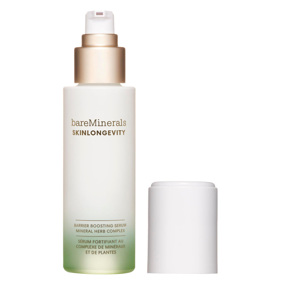 bareMinerals front packaging of SKINLONGEVITY serum showing clean design and benefit