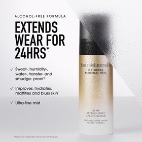 bareMinerals spray in use on model locking makeup and reducing shine