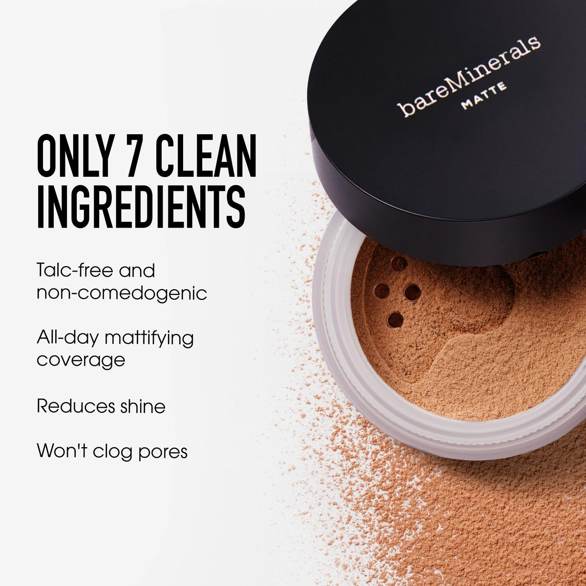 bareMinerals swatch on skin showing light beige shade and natural mattifying benefit