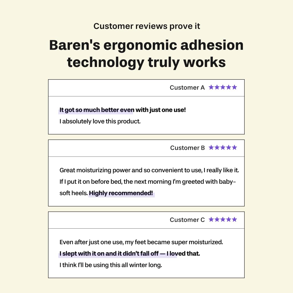 Baren patch worn overnight on foot illustrating secure fit and no-mess moisturizing benefit