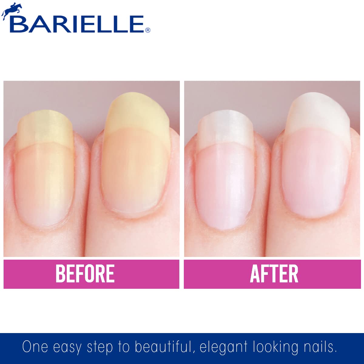 BARIELLE before and after nails showing reduced yellowing and shine