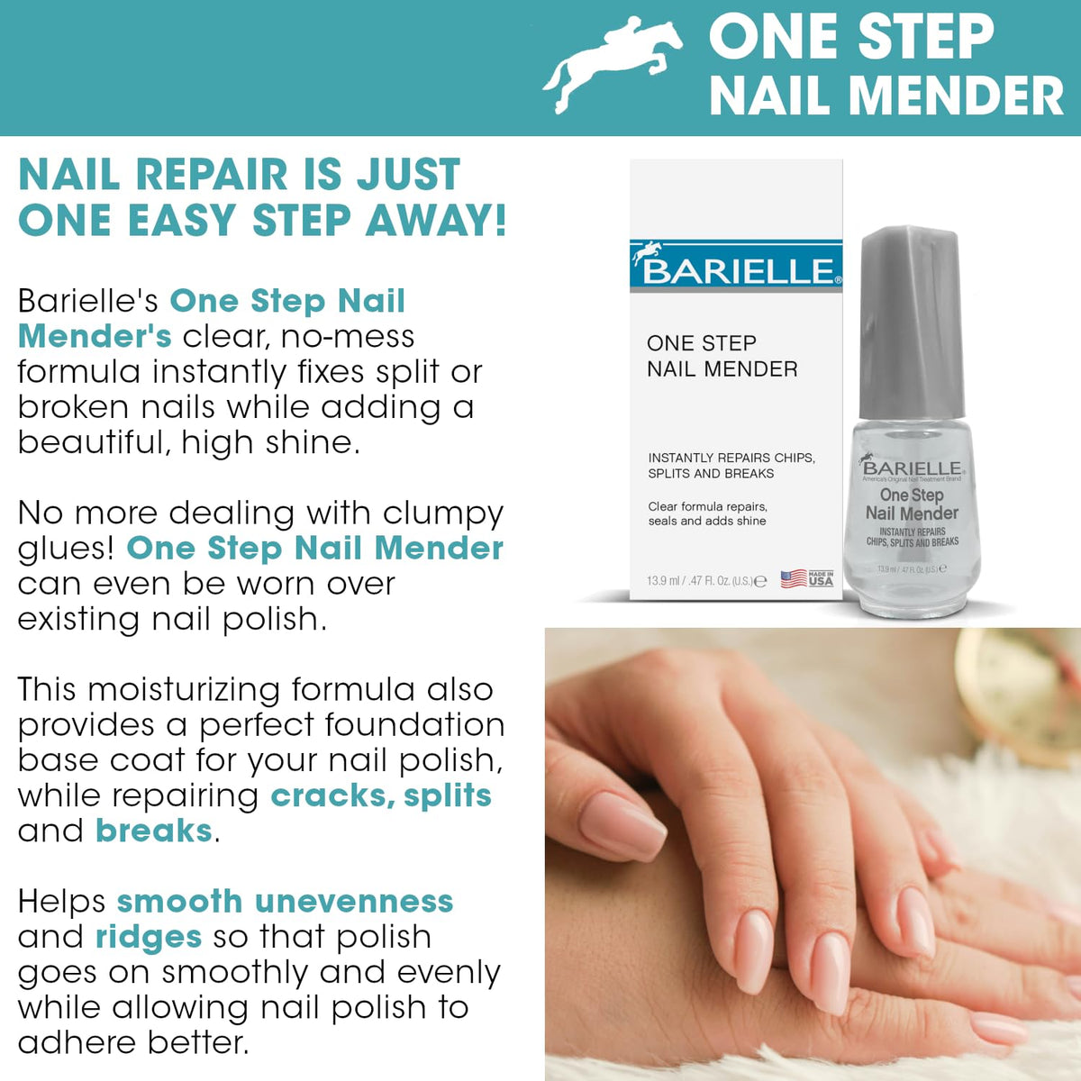 BARIELLE product applied to a broken nail showing instant reinforcement benefit