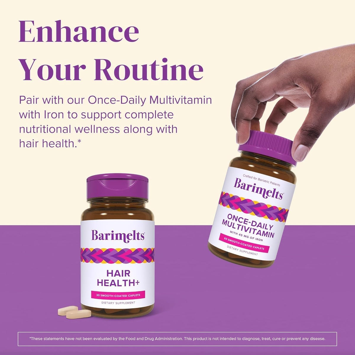 BariMelts bottle on bathroom shelf in routine setting suggesting daily hair care support