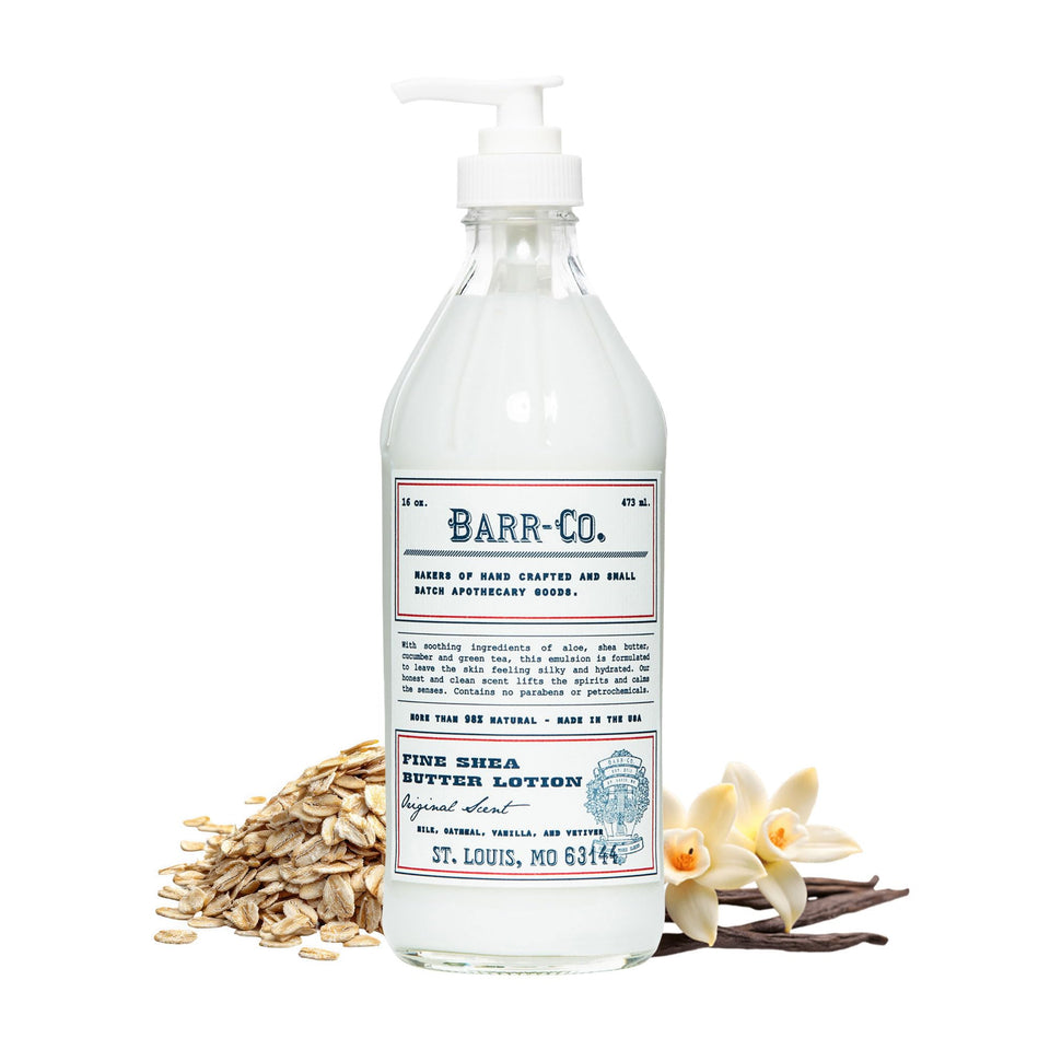BARR-CO front packaging shows elegant glass pump and soothing lotion appeal