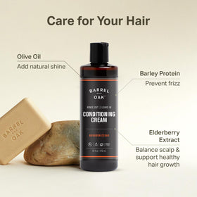 Barrel & Oak applied by man to damp hair delivering frizz control and shine