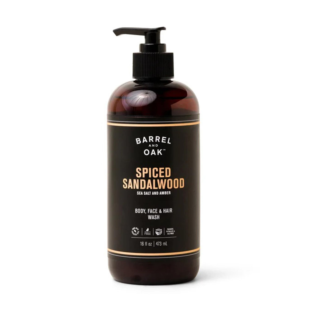 Barrel & Oak front packaging showing spiced sandalwood scent and benefits