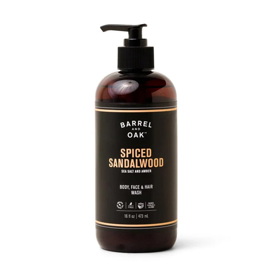 Barrel & Oak front packaging showing spiced sandalwood scent and benefits