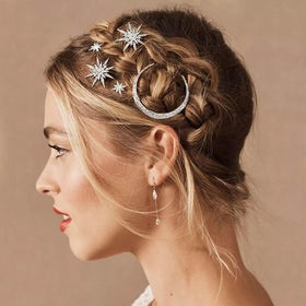 BARTOSI front view of three silver hair clips adds bridal sparkle