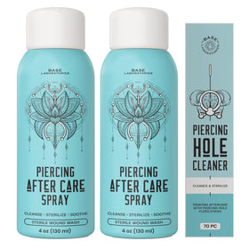BASE LABORATORIES front packaging showing two 4oz piercing sprays and floss, promotes easy aftercare