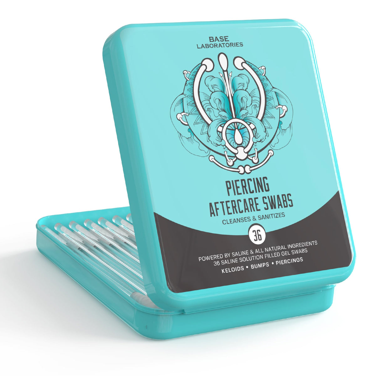Base Laboratories front packaging showing 36 swabs and brand clarity for convenient aftercare
