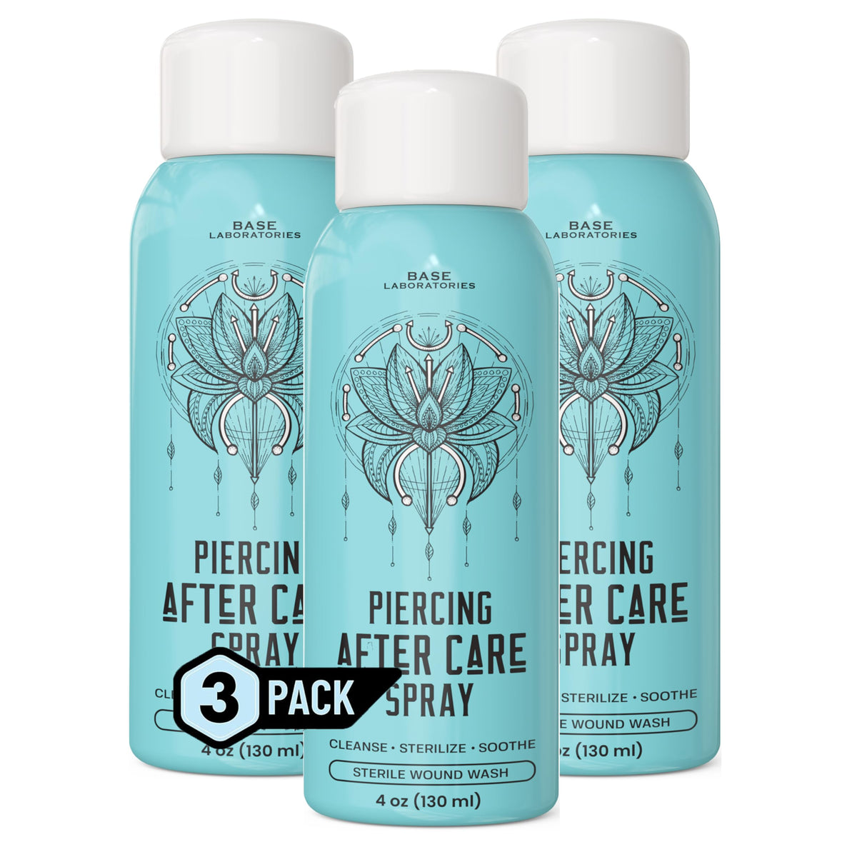 BASE LABORATORIES front packaging showing bottle and 3-pack for convenient care