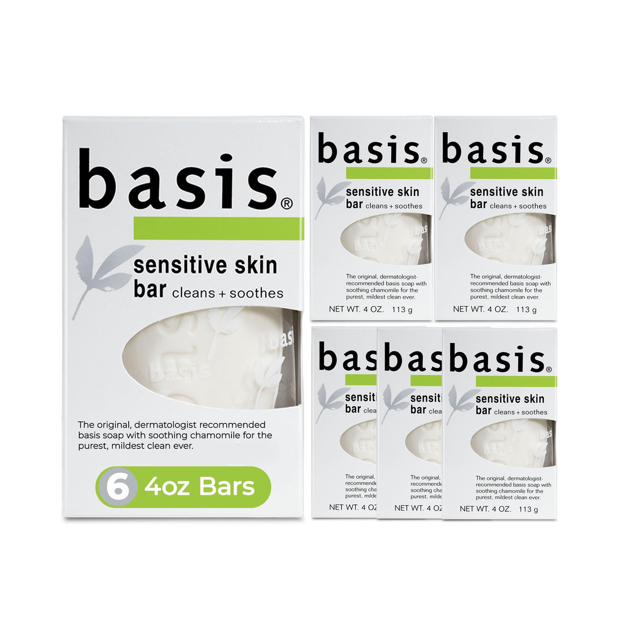 Basis front packaging showing unscented bar and calming label benefits