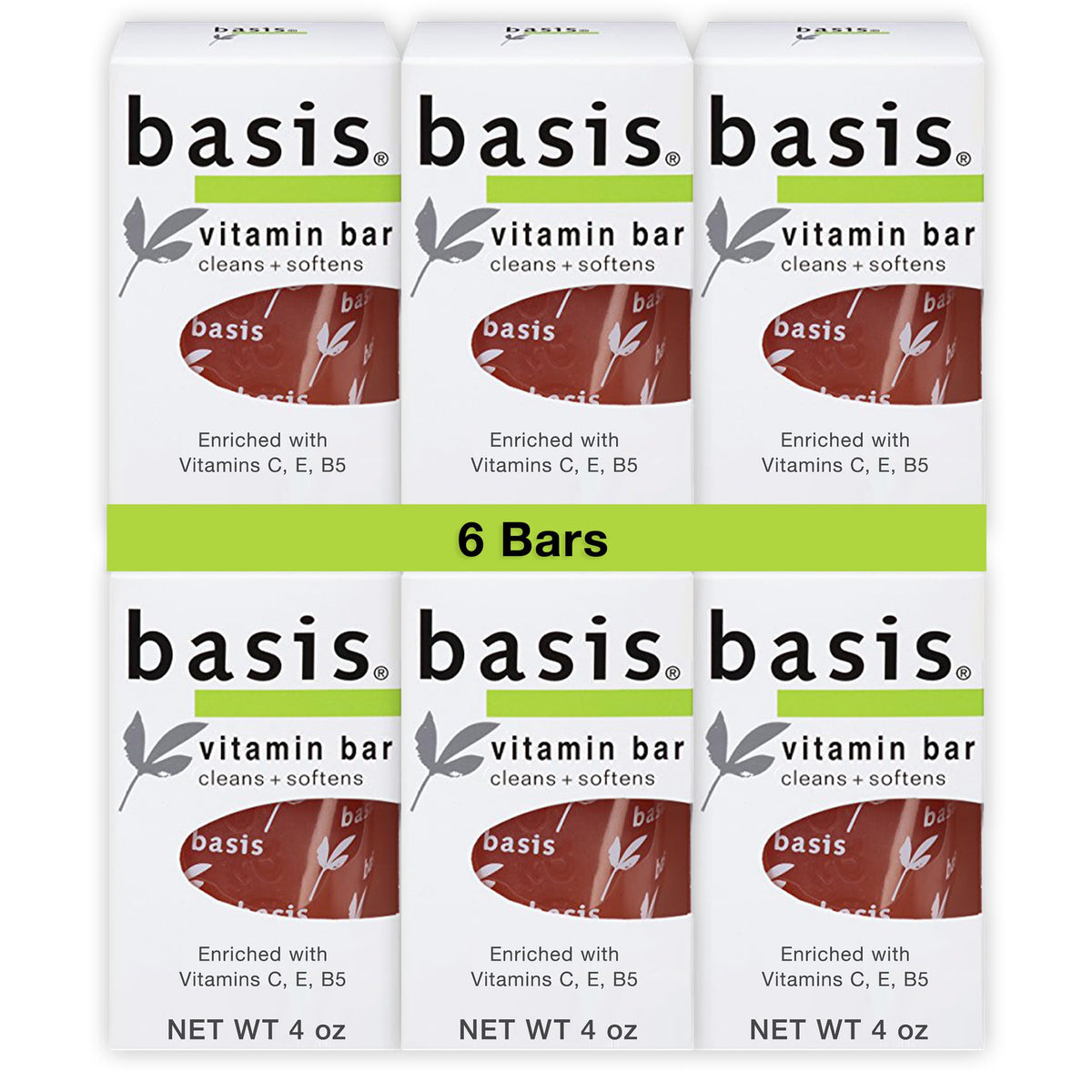 Basis front packaging showing six vitamin bar soap bars for convenience