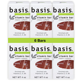 Basis front packaging showing six vitamin bar soap bars for convenience
