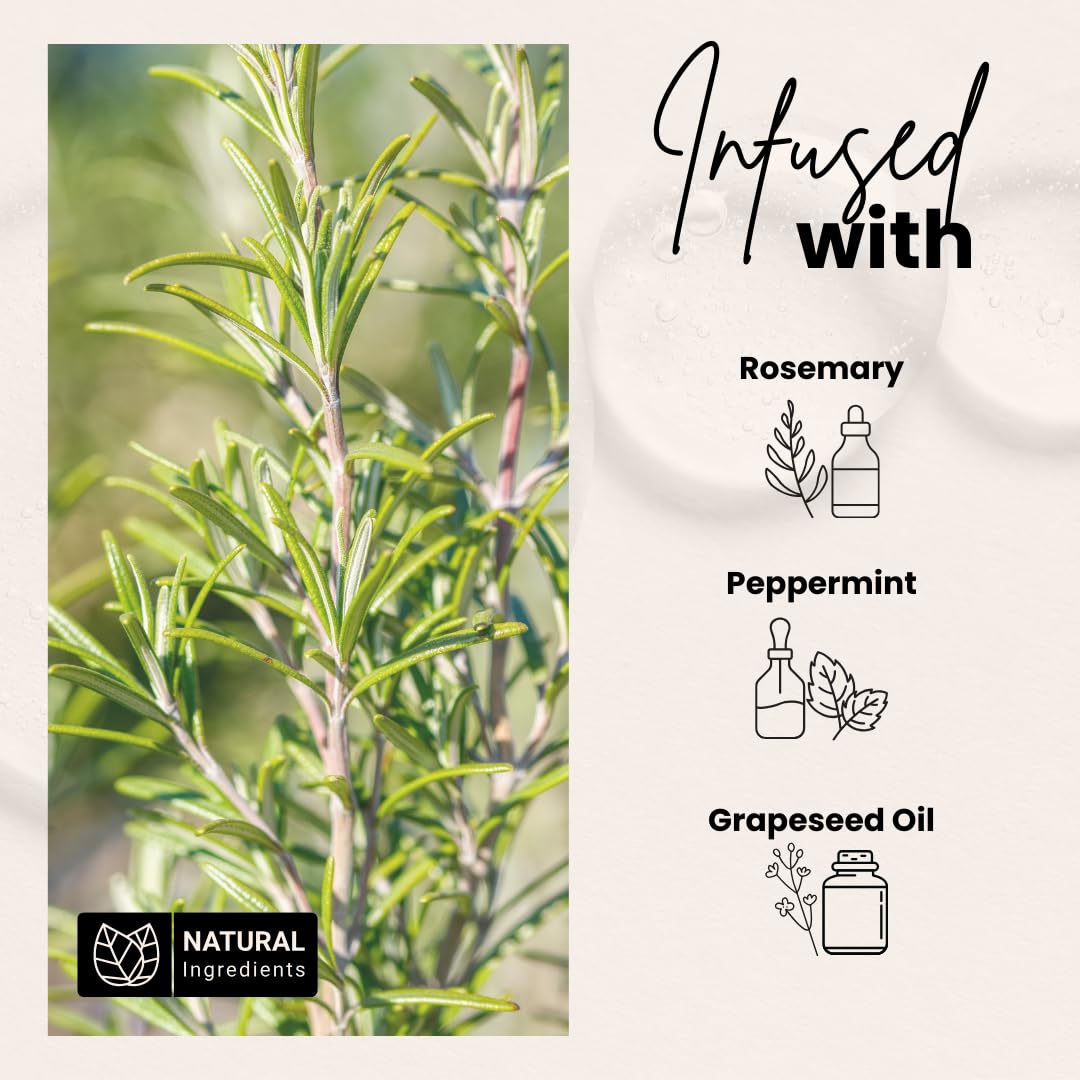 Bask & Lather bottle label detail highlighting cold‑pressed mint and rosemary blend benefit