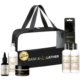 Bask & Lather front packaging showing all travel-sized products and case for convenient travel