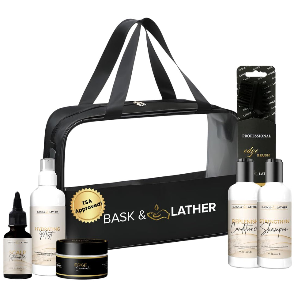 Bask & Lather front packaging showing all travel-sized products and case for convenient travel