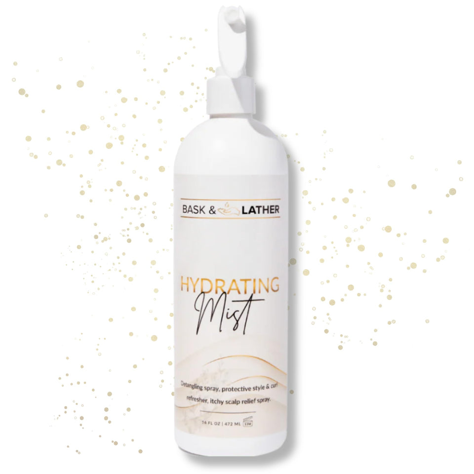 BASK & LATHER front bottle shot showing label and 16 oz size, promotes hydration