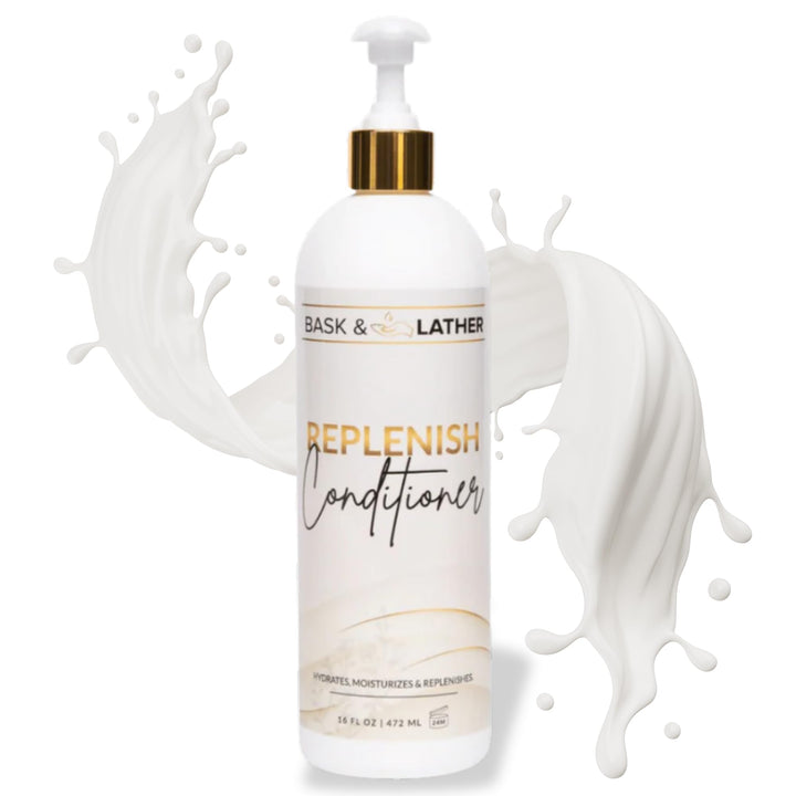 BASK & LATHER front bottle view showing label and XL size, communicates value