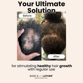 Bask & Lather 2 fl oz bottle held in hand showing size and travel-friendly benefit