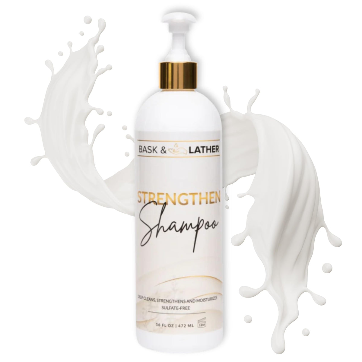 BASK & LATHER bottle front view showing label and XL size, promotes gentle strengthening