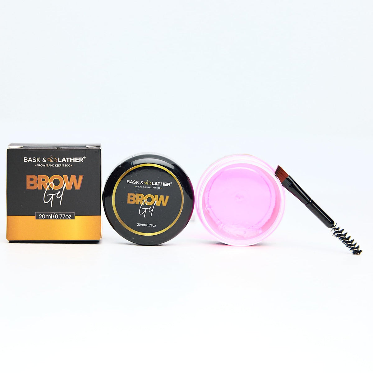 BASK & LATHER front tube showing label and 20mL size, easy-to-grip packaging benefit