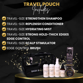 Bask & Lather travel bag open displaying organized bottles for mess-free packing