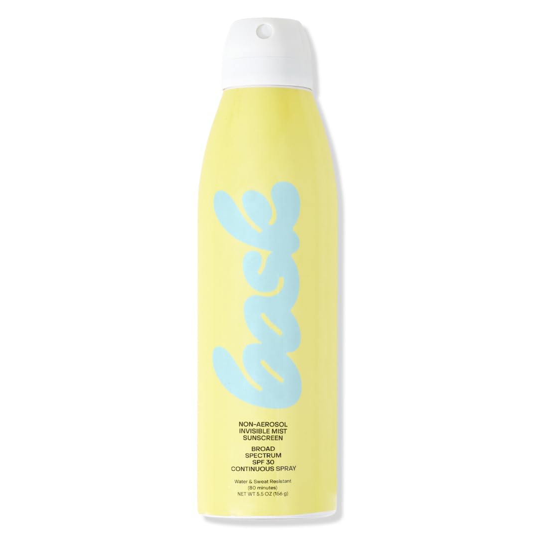 Bask front packaging of 5.5 oz non-aerosol sunscreen spray showing label benefits