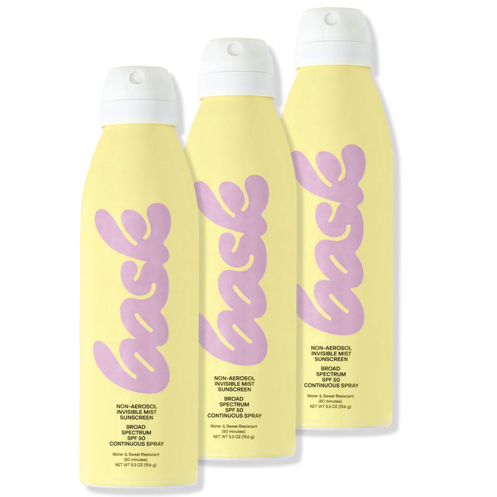 Bask front packaging shows three 5.5 oz bottles and SPF 50 protection benefit