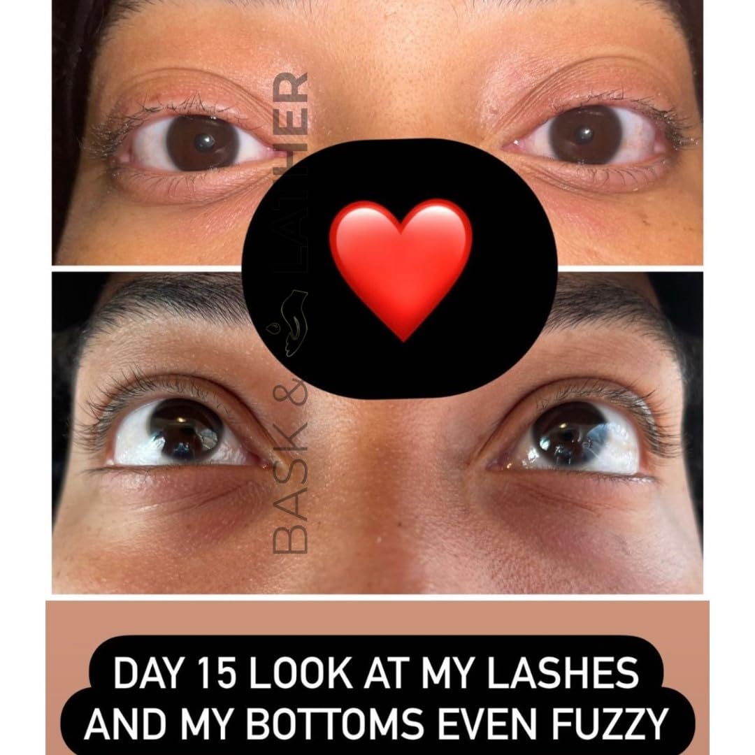 BASK & LATHER before and after eyelash comparison, visible fuller-lashes appearance example