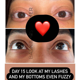 BASK & LATHER before and after eyelash comparison, visible fuller-lashes appearance example