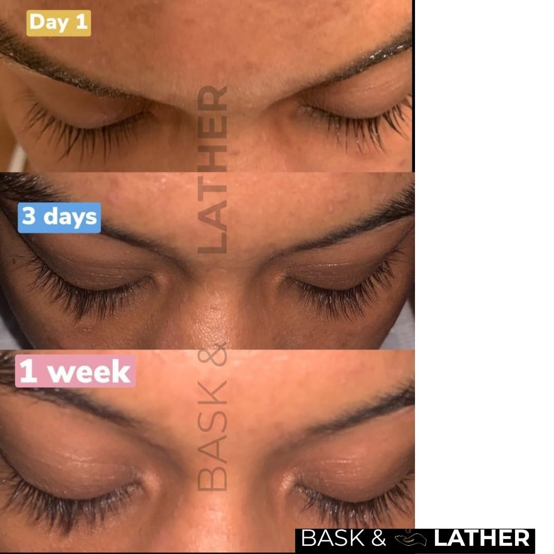 BASK & LATHER serum texture on fingertip, lightweight oil blend for conditioning lashes