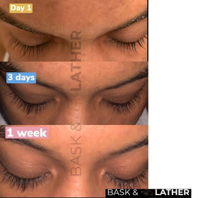 BASK & LATHER serum texture on fingertip, lightweight oil blend for conditioning lashes