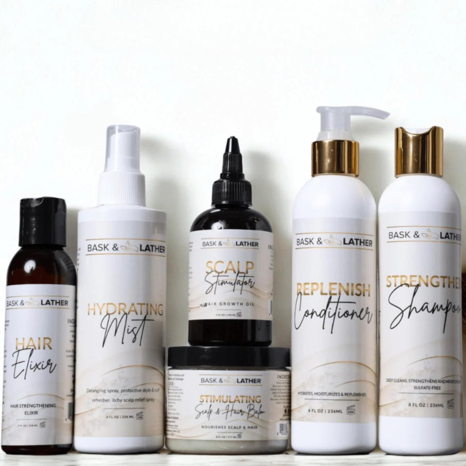Bask & Lather starter kit front view showing six-piece set for complete scalp and hydration routine
