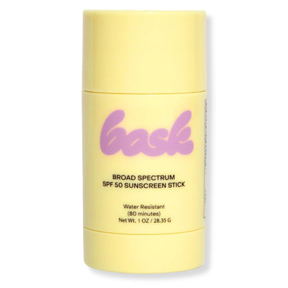 Bask front view of SPF 50 stick showing compact travel-ready packaging and clear label