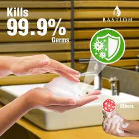 Bastion bottle on bathroom countertop demonstrating neat refill storage and style