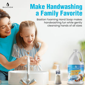 Bastion foam lather closeup showing rich, moisturizing bubbles on hand