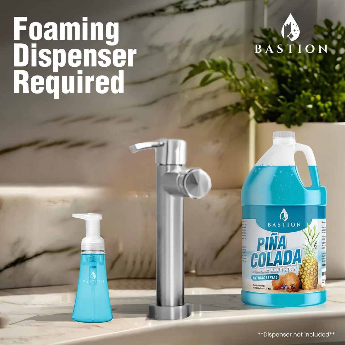 Hands lathering with Bastion Pina Colada foam, moisturizing feel for frequent washes