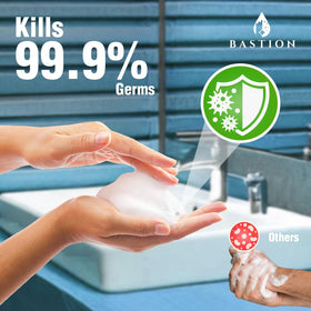 Bathroom vanity with Bastion foaming bottle and tropical decor, pleasant scented hand wash