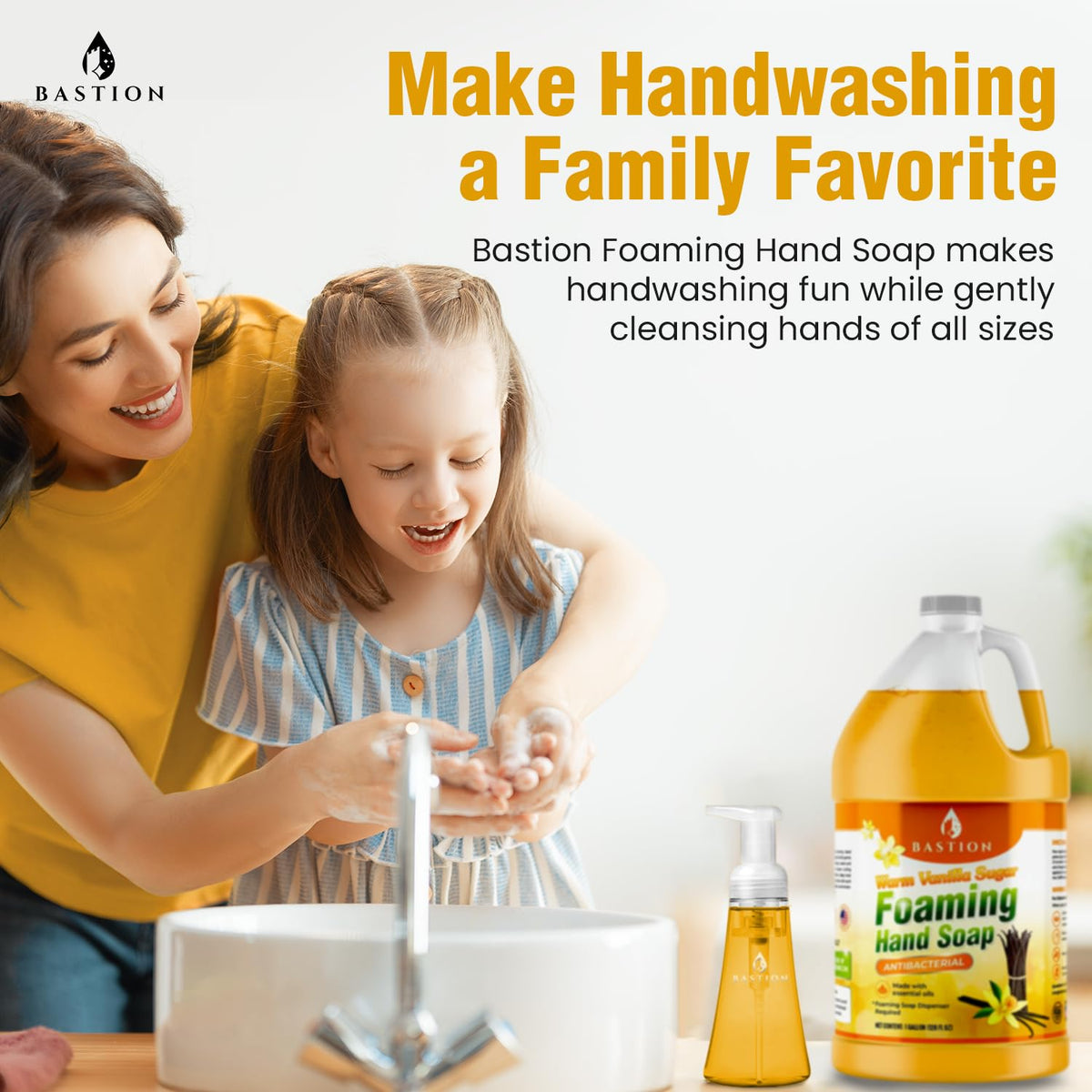 Bastion refill bottle being poured into a foaming dispenser for easy replenishing