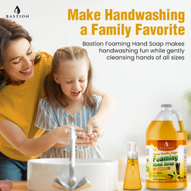 Bastion refill bottle being poured into a foaming dispenser for easy replenishing