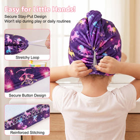 Basumee button and loop detail securing wrap for hands-free drying