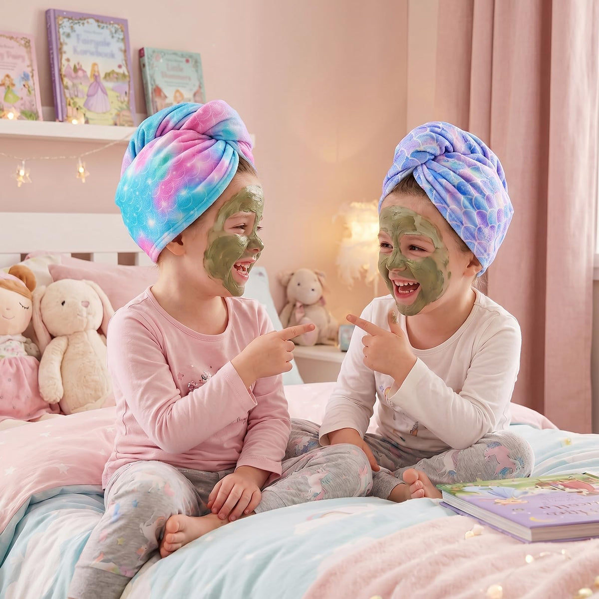 Basumee child wearing turban after bath, hands-free drying while playing
